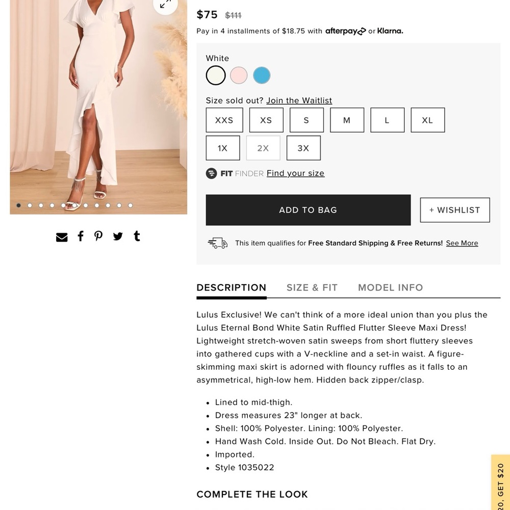 Lulu’s Eternal Bond White Satin Ruffled Flutter Sleeve Maxi Dress 2X - Picture 6 of 7